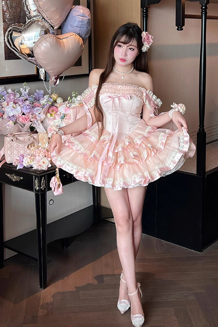 Pink [Princess Ribbon] Off Shoulder Triple-Layered Ruffle Bowknot Sweet Lolita Dress - Product - 9