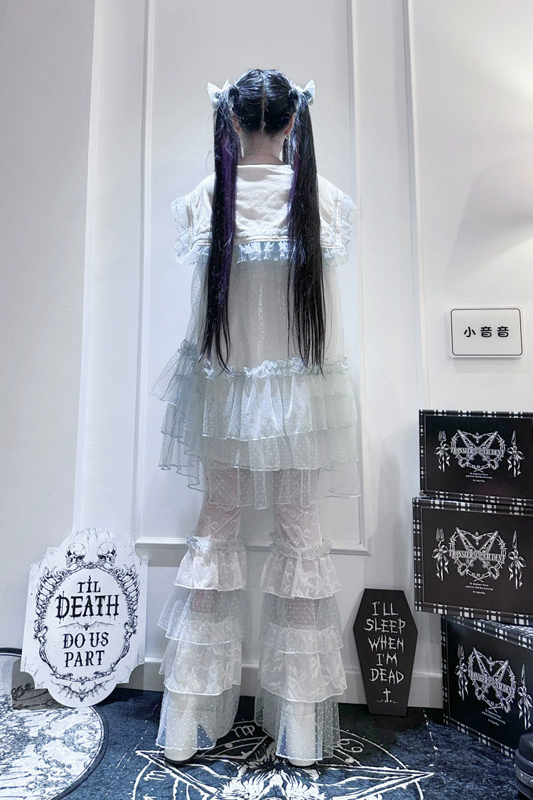 Blue [Sea Salt Soda] Navy Collar Long Sleeves Multi-Layered Ruffled Lace Sheer Jirai Kei Dress - Product - 2