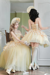 Yellow [Sissi's Pilgrimage] Off Shoulder Ruffle Bowknot Lace Sweet Lolita Skirt (Short Version) - Product - 19