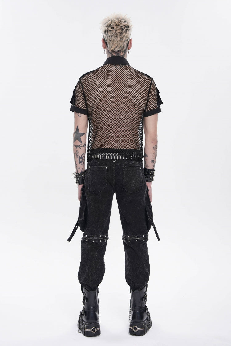 Black Lapel Collar Short Sleeves Cut-Out Spliced Sheer Mesh Studded Eyelet Men's Punk Small Pockets Cool Shirt - Product - 4