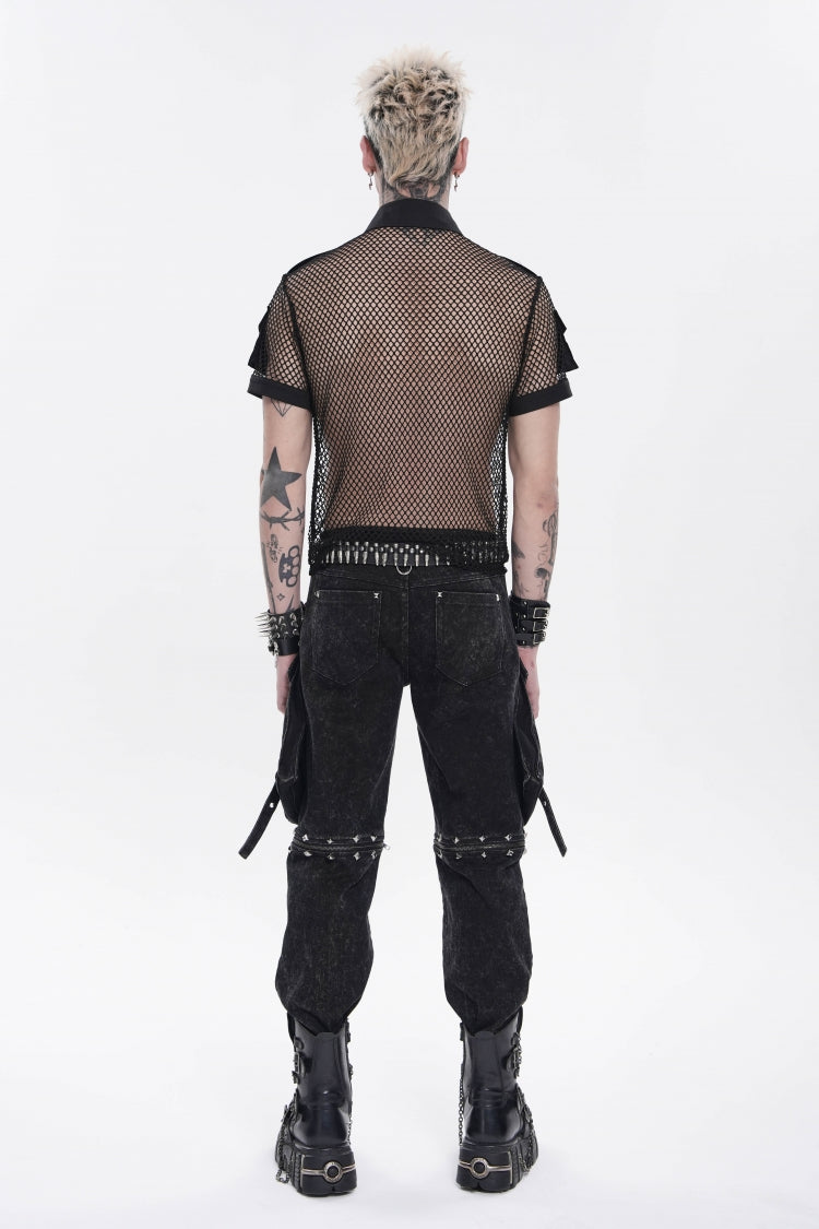 Black Lapel Collar Short Sleeves Cut-Out Spliced Sheer Mesh Studded Eyelet Men's Punk Small Pockets Cool Shirt - Product - 4