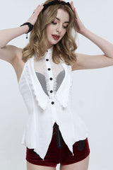 White Sleeveless Chiffon Front Lace Back Drawstring Straps Backless Women's Punk Blouse - Product - 2