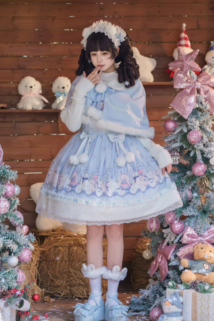 Blue [Snowball Wonderland] Print Merry Christmas Ruffle Bowknot Lace Sweet Lolita Jsk Dress - Product - 3
