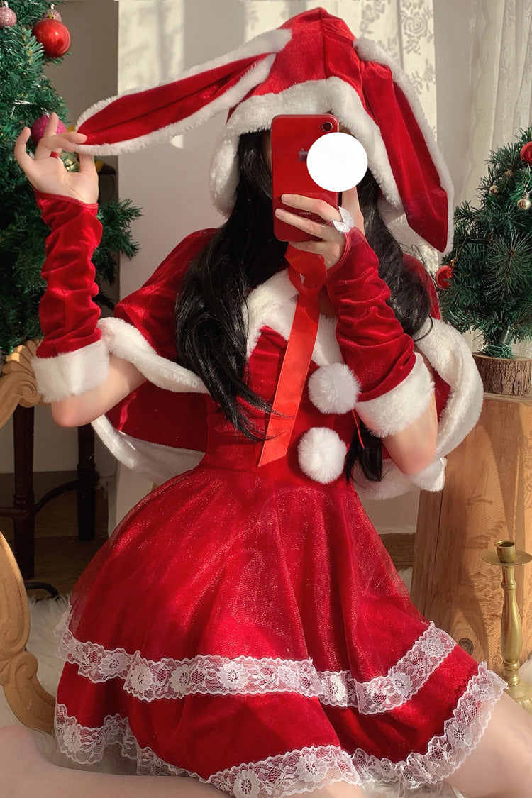 Red [Christmas and New Year] Double-Layered Ruffle Bowknot Lace Sweet Japanese Lolita Strapless Dress - Product - 2