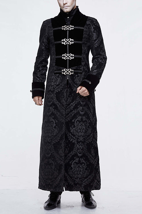 Black Gothic Patterned Metal Buttons Mens Velveteen Long Coat - Black - 1
