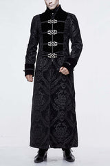 Black Gothic Patterned Metal Buttons Mens Velveteen Long Coat - Black - 1