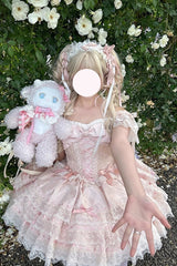 Pink [Flora Isle Butterfly] Sleeveless Ruffle Bowknot Lace Lace-Up Sweet Elegant Lolita Jsk Dress - Product - 7