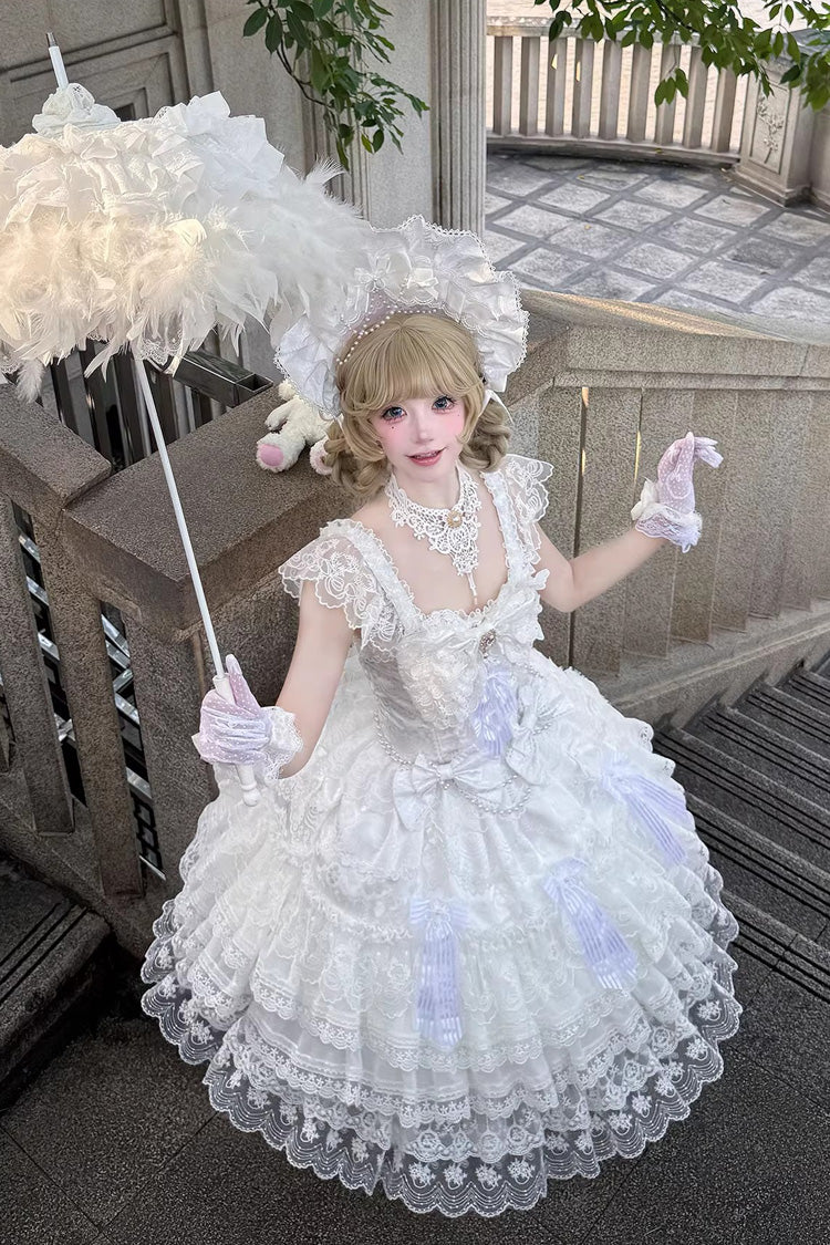 White [Moonlit Sakura Ode] Sleeveless Multi-Layered Ruffled Bow Lace Sweet Lolita Dress - Product - 5