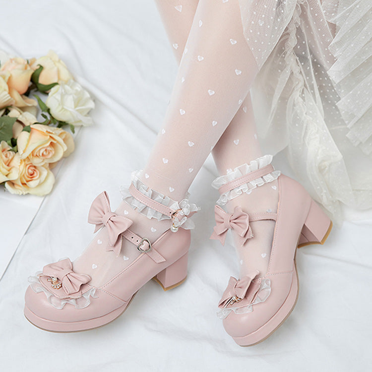 Bowknot White Frills Sweet Lolita High Heel Shoes - Product - 11