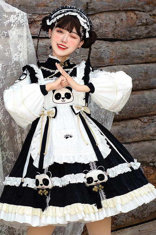 Black/White High Neck Lantern Sleeves Multi-Layer Ruffled Panda Bun Shop Sweet Lolita Op Dress - Product - 2