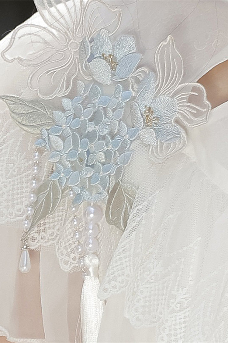 White [Hydrangea Message] Short Sleeves Print Ruffle Lace Sweet Chinese Style Elegant Lolita Short Dress - Product - 17