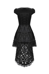 Black Square Collar Cap Sleeves Lace-Up High/Low Lace Ruffled Women's Gothic Princess Velvet Dress - Product - 17