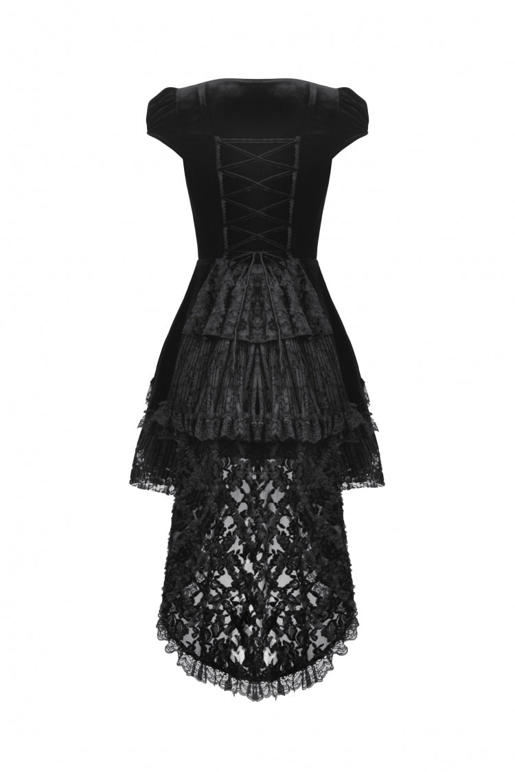 Black Square Collar Cap Sleeves Lace-Up High/Low Lace Ruffled Women's Gothic Princess Velvet Dress - Product - 17