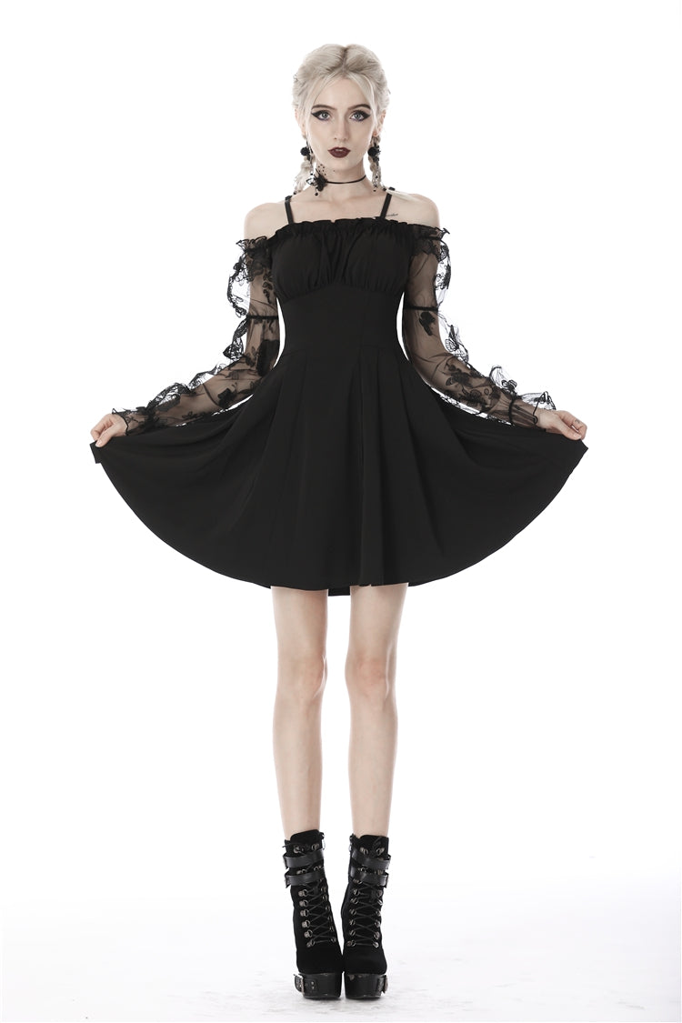 Black Sexy Off Shoulder Lace Long Sleeves Lace-Up Women's Gothic Graduation Dress - Black - 1
