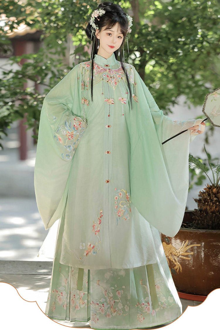 Green [Spring Scenery Gardens] Collar High Waisted Embroidered Women's Sweet Hanfu Dress Set - Product - 3