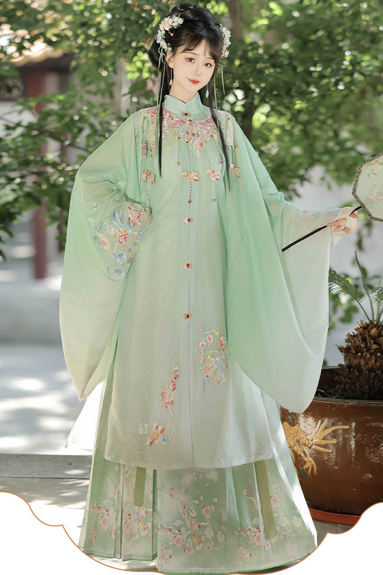 Green [Spring Scenery Gardens] Collar High Waisted Embroidered Women's Sweet Hanfu Dress Set - Product - 3