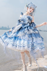 Blue [Jellyfish] Gradient Print Ruffle Embroidery Bowknot Lace Asymmetric Sweet Elegant Lolita Jsk Dress - Product - 4