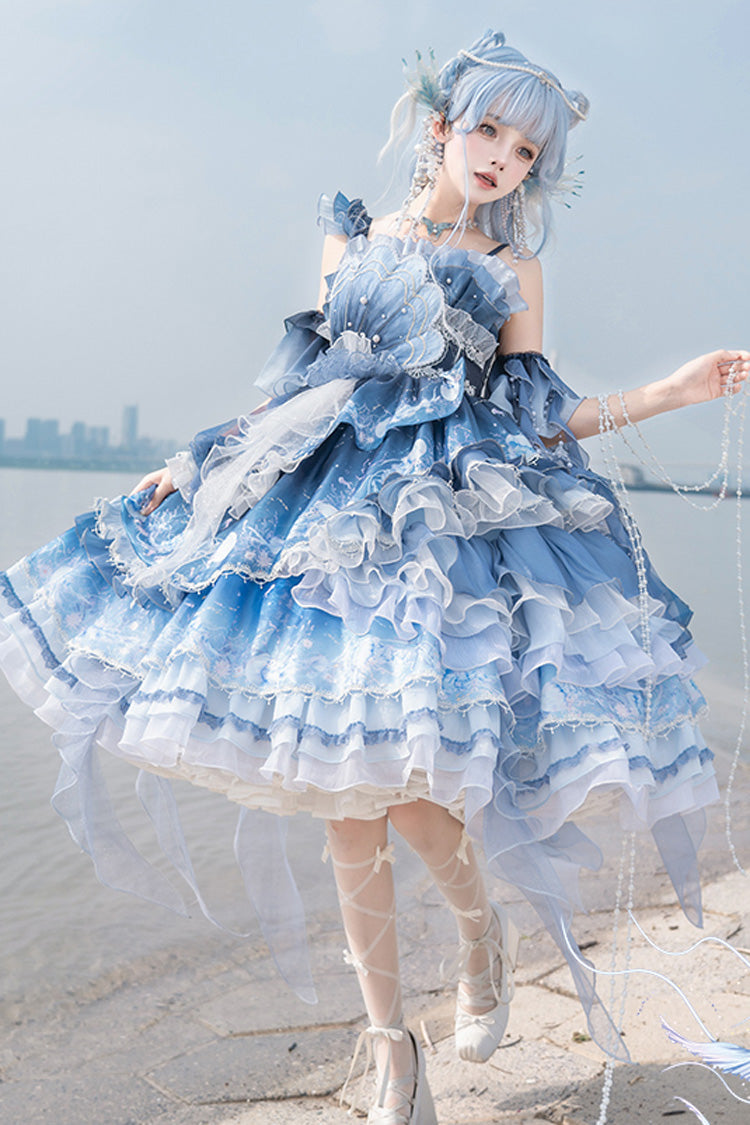 Blue [Jellyfish] Gradient Print Ruffle Embroidery Bowknot Lace Asymmetric Sweet Elegant Lolita Jsk Dress - Product - 4