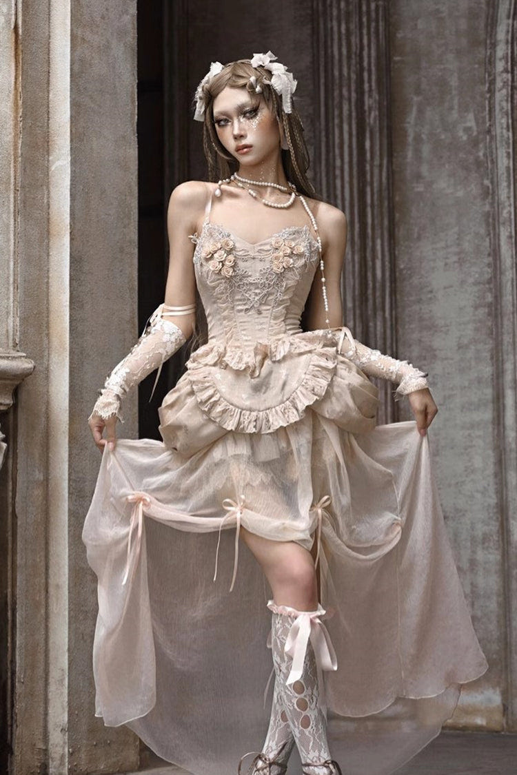 Apricot V Collar Sleeveless High Waisted Ruffle Embroidery Lace Fishbone Gothic Lolita Corset Skirt Set - Product - 9