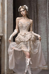 Apricot V Collar Sleeveless High Waisted Ruffle Embroidery Lace Fishbone Gothic Lolita Corset Skirt Set - Product - 9