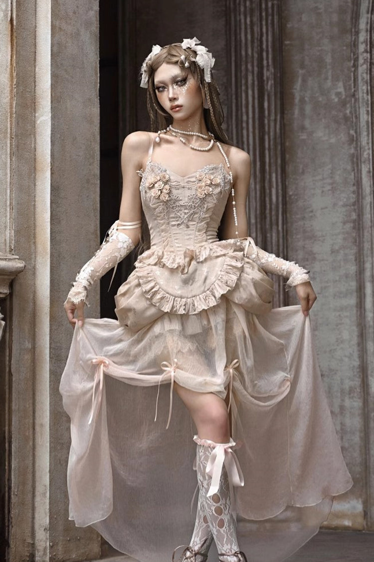 Apricot V Collar Sleeveless High Waisted Ruffle Embroidery Lace Fishbone Gothic Lolita Corset Skirt Set - Product - 9