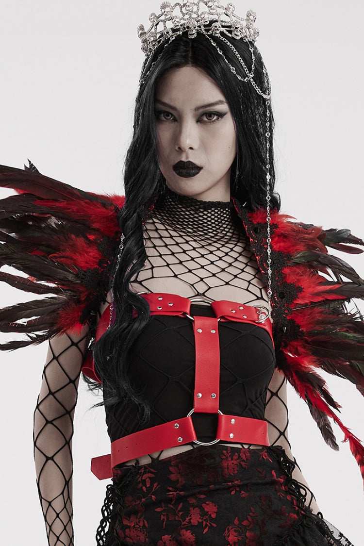 Black/Red Faux Feather Women's Gothic Shoulder Harness - Product - 2
