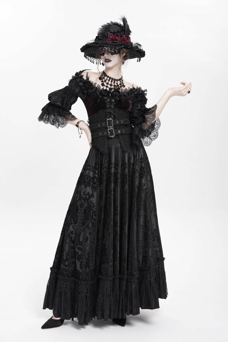 Black Jacquard Embroidery Buckle Tassels Women's Gothic Long Skirt - Product - 4