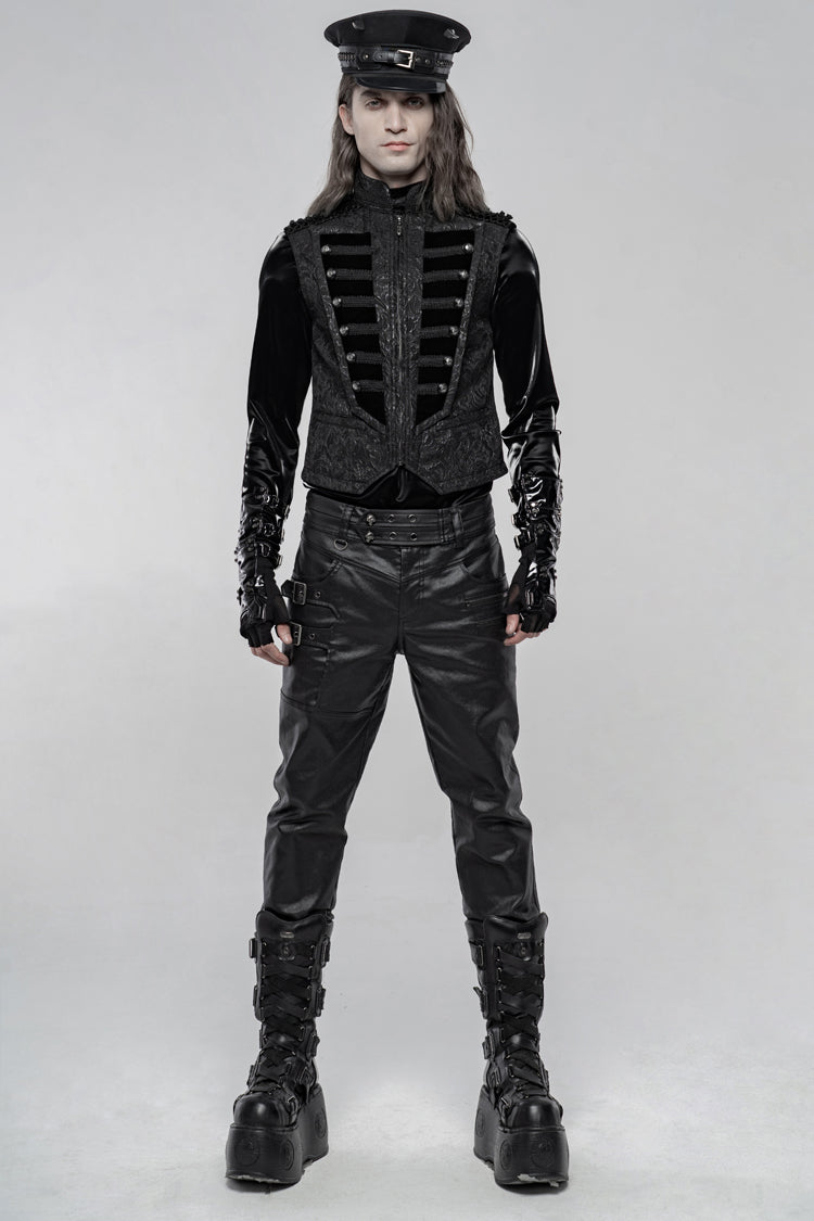 Black Stand Collar Jacquard Front Breasted Men's Gothic Vest - Product - 3