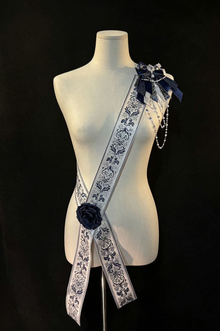 White/Blue [Royal Knight] Stand Collar Long Sleeves Gothic Vintage Cool Lolita Set - Sash(Only) - 12
