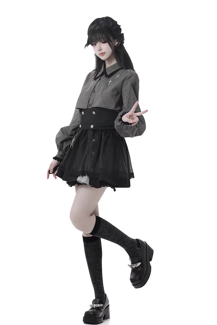 Black [Hymn of the Cross] Long Sleeves Printed Ruffled Asymmetric Chain-Decorated Gothic Jirai Kei Skirt Set - Product - 5