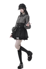 Black [Hymn of the Cross] Long Sleeves Printed Ruffled Asymmetric Chain-Decorated Gothic Jirai Kei Skirt Set - Product - 5
