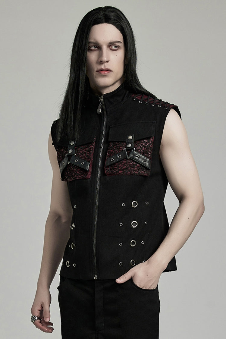 Black/Red Stand Collar Stitching Slim Men's Punk Vest - Product - 2