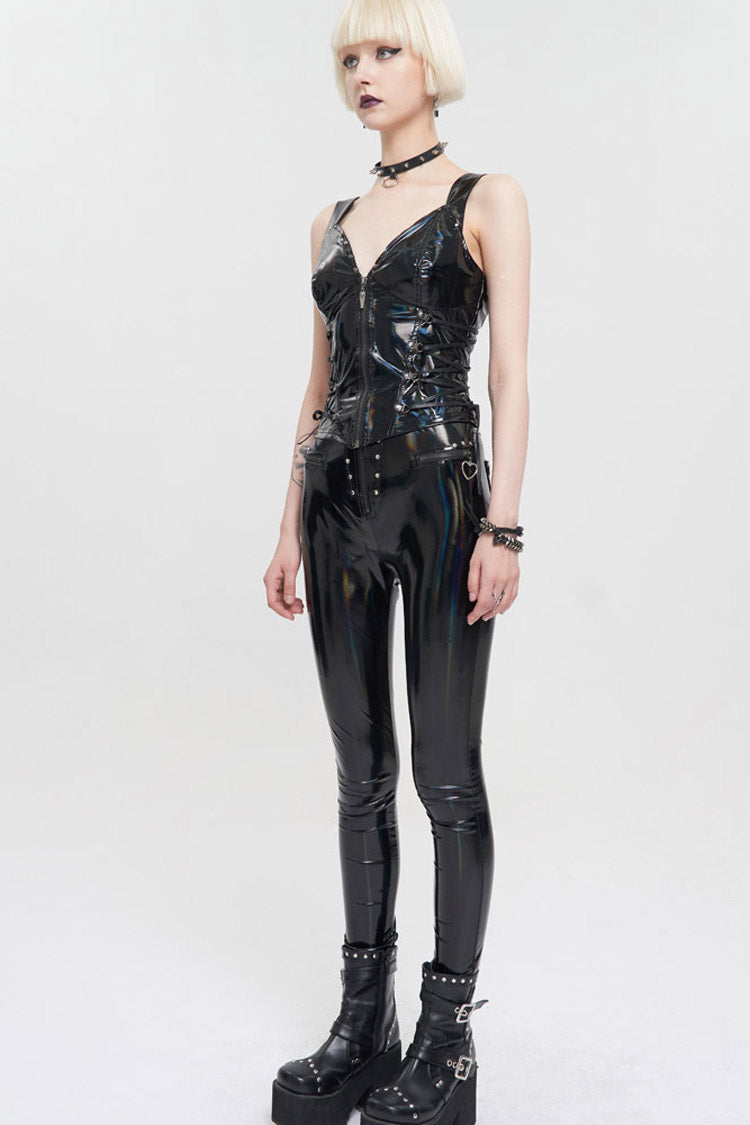 Black Punk Elasticity Color Changing Bright Leather Front Middle Zipper Drawstring On Both Sides Women's Waistcoat - Product - 3