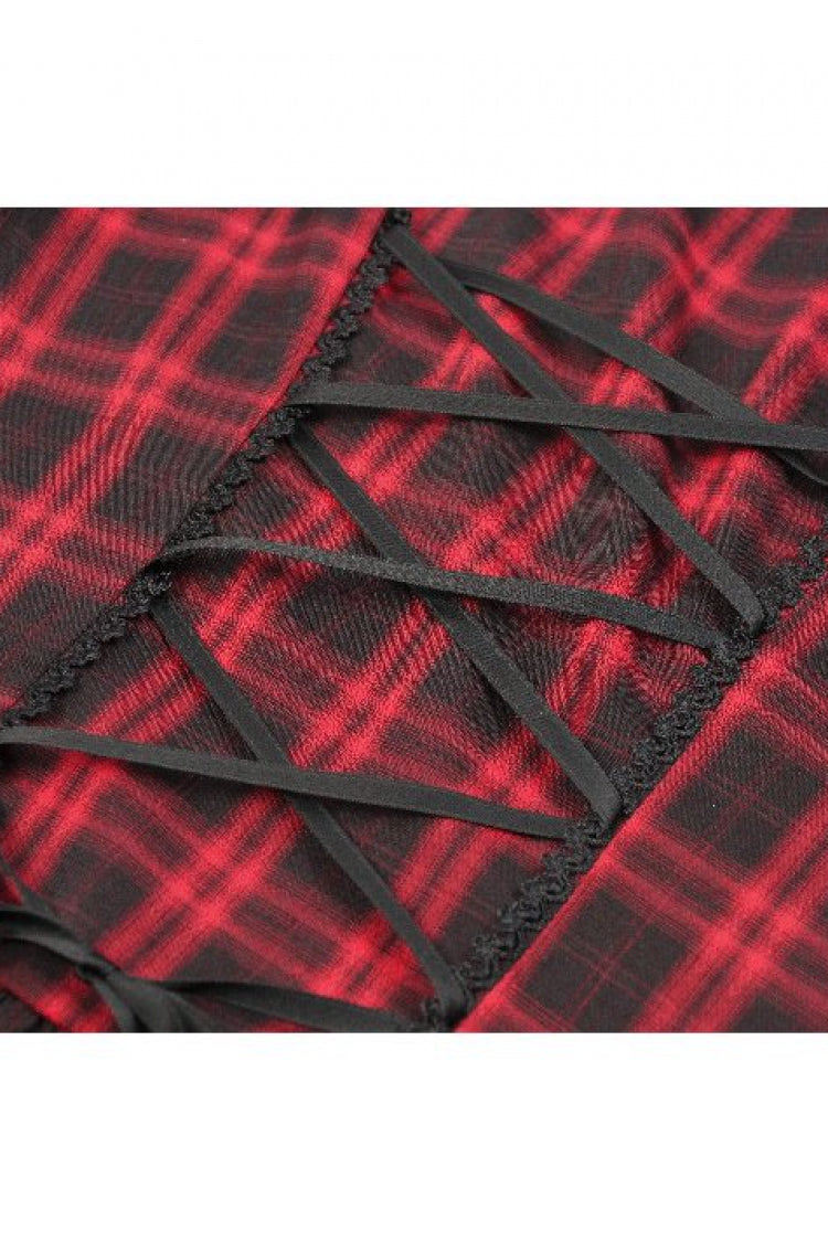 Black/Red Plaid Turn-Down Collar Cut-Out Short Sleeves Lace-Up Women's Punk Retro Mini Dress - Product - 17