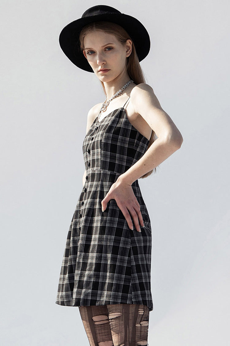 Black/White Plaid Skull Studded Belt Women's Punk Suspender Dress - Product - 2