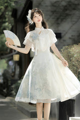 White [Hydrangea Message] Short Sleeves Print Ruffle Lace Sweet Chinese Style Elegant Lolita Short Dress - Product - 9