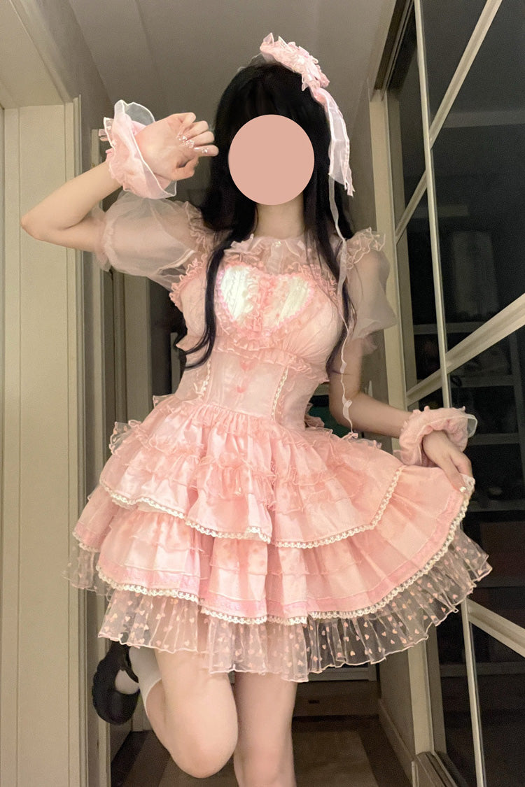 Pink Pray for Dopamine Multi-layer Ruffle Lace Sweet Lolita Jsk Dress - Pink - 1