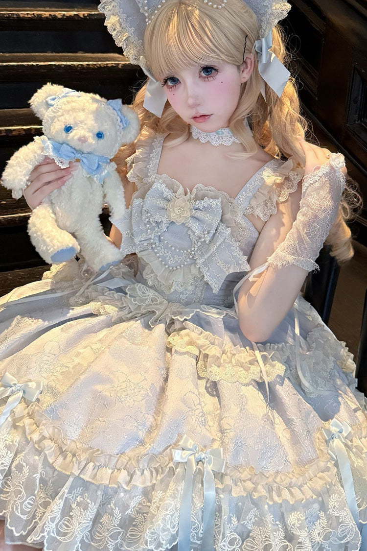 Blue [Blossoming Heart Love ] Sleeveless Dark Jacquard Print Bowknot Lace Sweet Lolita Jsk Dress - Product - 5