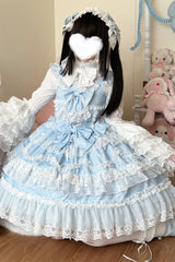 Blue [Love and Heart Flutter] Sleeveless Multi-Layered Ruffle Bowknot Lace Pearl Sweet Lolita Jsk Dress - Product - 3