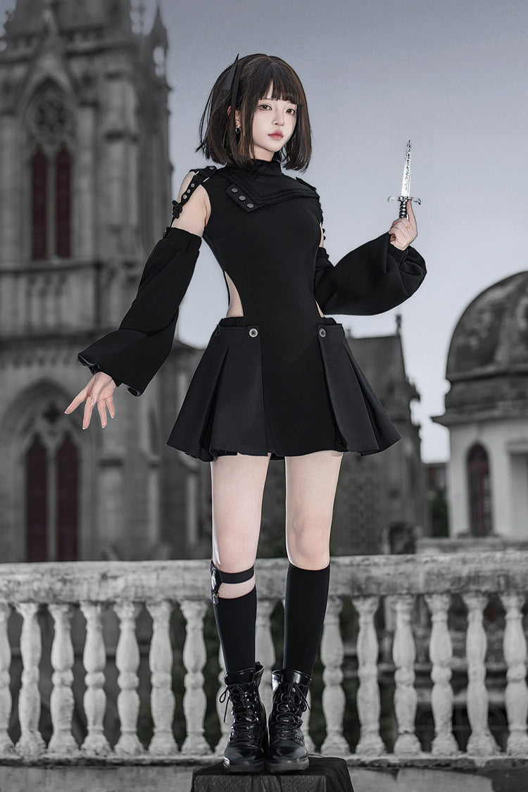 Black [Reserve Tactics] Ruffled Cut-Out Asymmetric Gothic Lolita Dress Set - Product - 4