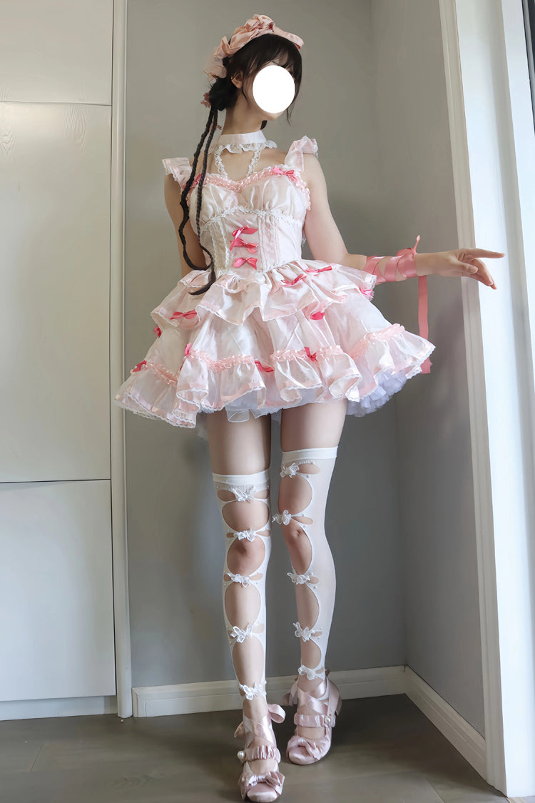 White/Pink Multi-layer Ruffle Ballet Bowknot Sweet Lolita Jsk Dress - Product - 2