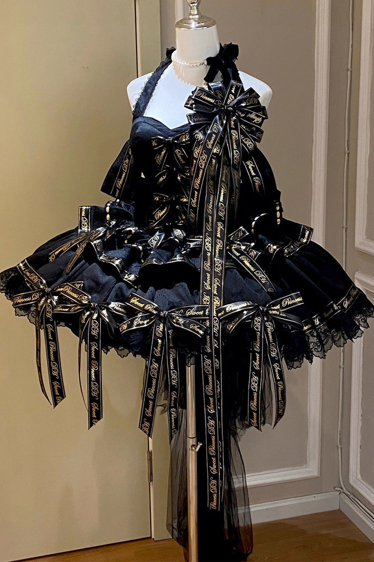 Black [Young Lady] Halterneck Sleeveless Multi-Layered Ruffle Bowknot Elegant Princess Gothic Lolita Dress - Product - 3