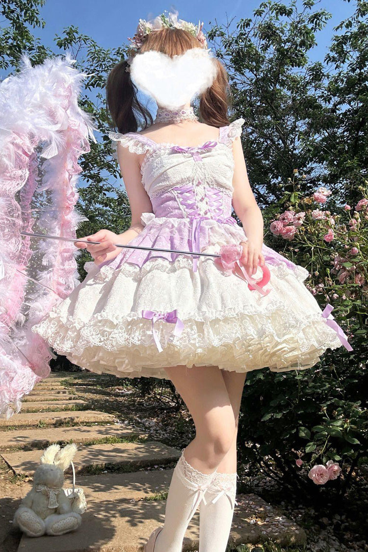 Purple [Leiffu] Sleeveless Ruffle Bowknot Lace Lace-Up Sweet Ballet Lolita Jsk Dress - Purple - 1