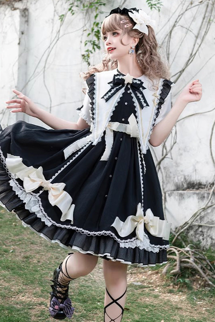 Black Sleeping Star Short Sleeves Ruffle Bowknot Lace Stitching Sweet Lolita Dress - Product - 5