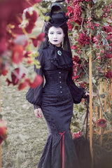 Black/Red [Lorelei] Double-Layered Print Ruffle Gothic Elegant Lolita Jacquard Mermaid Maxi Skirt - Product - 5