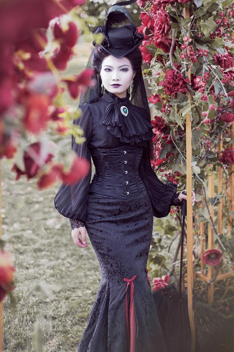 Black/Red [Lorelei] Double-Layered Print Ruffle Gothic Elegant Lolita Jacquard Mermaid Maxi Skirt - Product - 5
