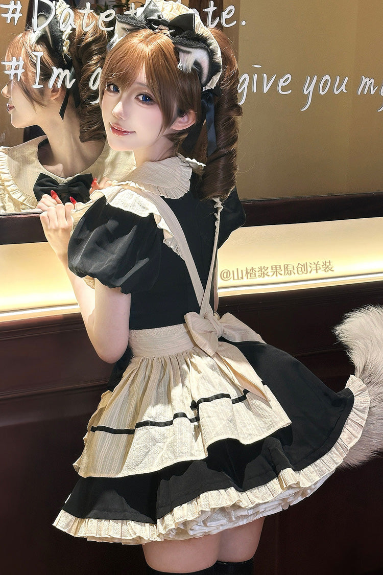Black Lapel Collar Short Sleeves Ruffled Bow Sweet Elegant Maid Halloween Lolita Dress - Product - 12