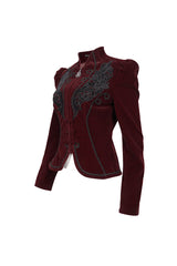 Red Stand Collar Velvet Applique On Chest Pendant Zipper Long Sleeve Women's Gothic Jacket - Product - 7