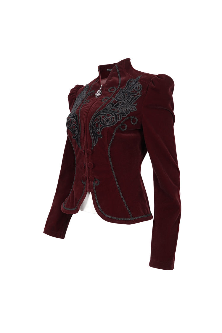 Red Stand Collar Velvet Applique On Chest Pendant Zipper Long Sleeve Women's Gothic Jacket - Product - 7
