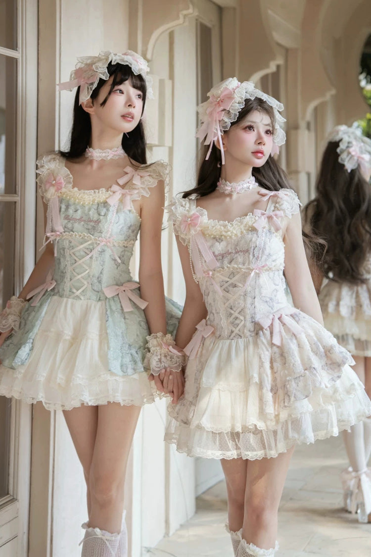 [Summer Butterfly] Square Collar Flutter Sleeves Multi-Layered Printed Ruffled Bow Lace Sweet Lolita Jsk Dress 5 Colors (Blue, Pink, Purple, Green, Beige) - Product - 4